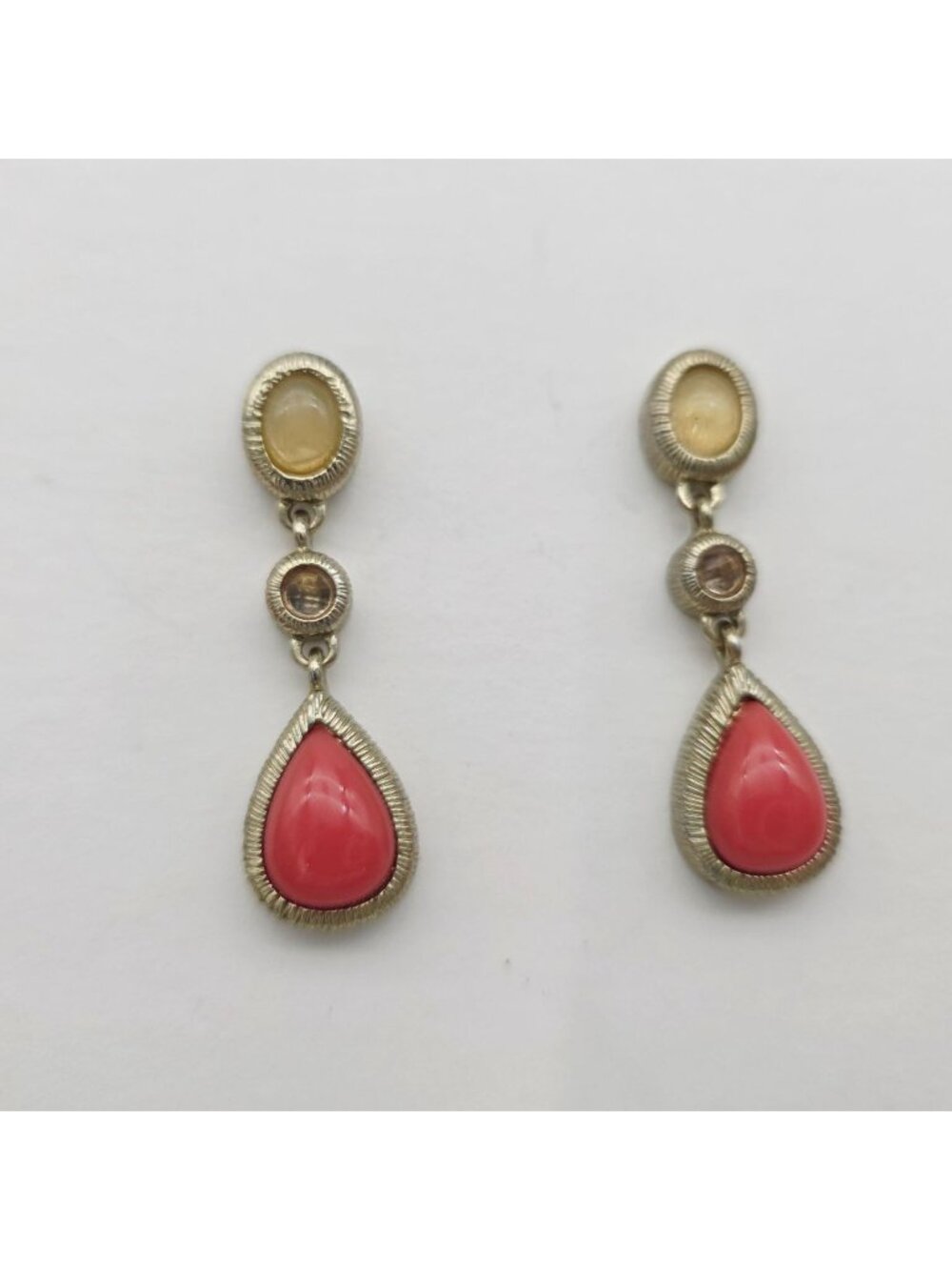 Vintage Monet Gold-Tone Drop Earrings With Coral & Yellow Stone Accents 2"